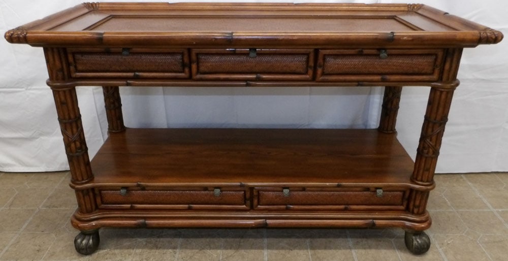 Carved Mahogany Faux Bamboo Two Tier Console with Cast Iron Feet (1 of 9)