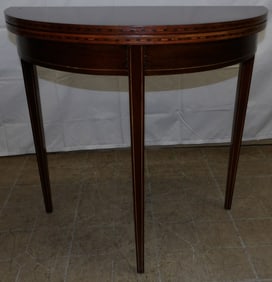 Mahogany Inlaid Fold Over Top Demilune Game Table by Brandt