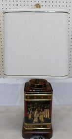 Painted Oriental Tin Cannister Form Lamp
