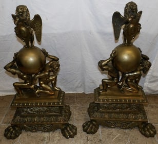 Pair of Ornate Brass Winged Lion Chenets with Claw Feet, (Shield Marked S. Marco)
