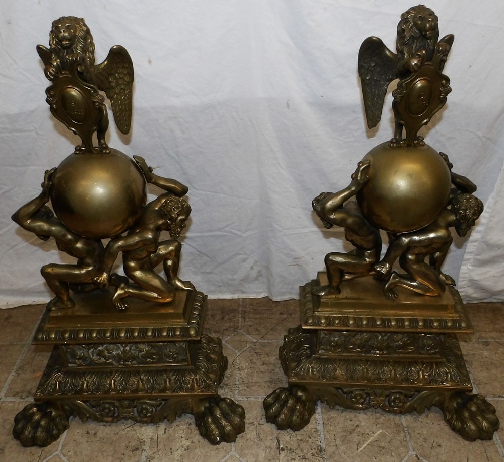 Pair of Ornate Brass Winged Lion Chenets with Claw Feet, (Shield Marked S. Marco) (1 of 8)