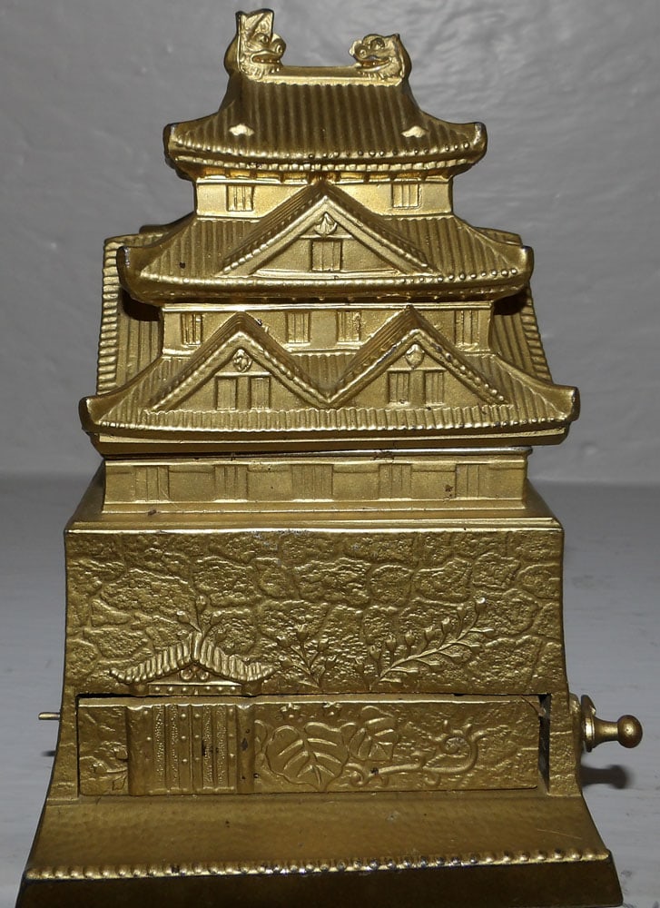 Gilded Metal Pagoda Form Oriental Cigarette Dispenser (1 of 5)