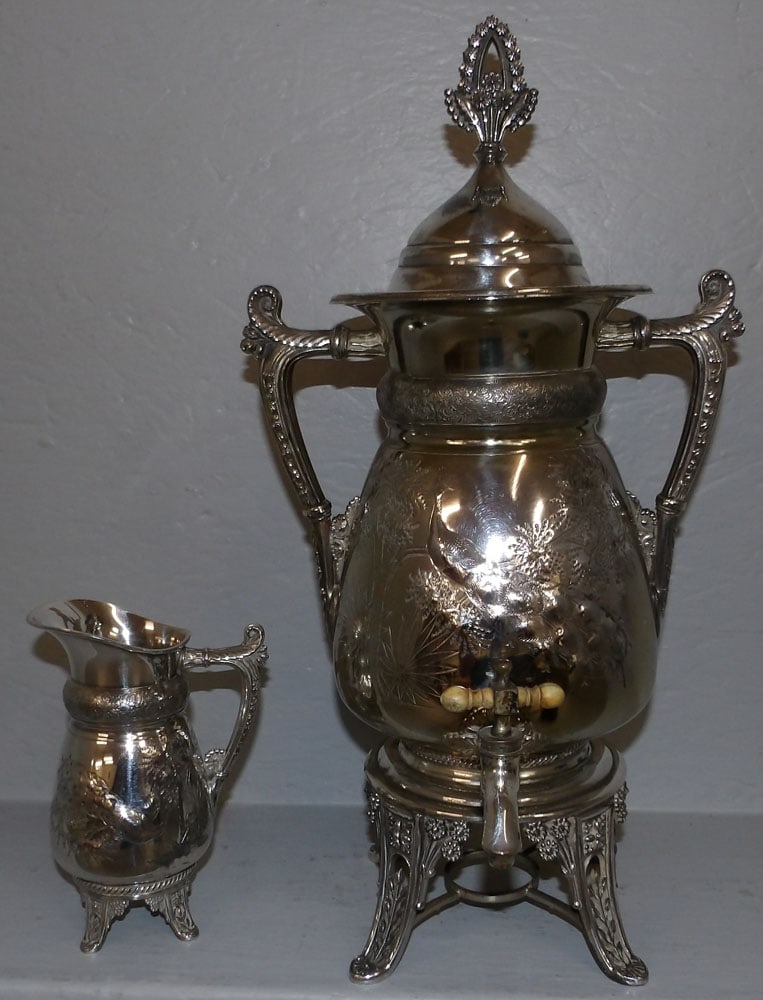 Antique Silverplated Victorian Hot Water Urn & Pitcher with Peacock Engraving by Rogers Smith (1 of 6)
