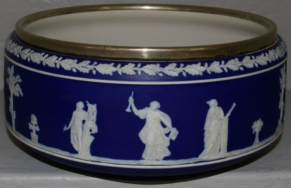 Wedgwood Jardiniere with Silverplated Rim, (Hairlines): Wedgwood Jardiniere with Silverplated Rim, (Hairlines). 4 1/4" H 9 1/2" Dia.