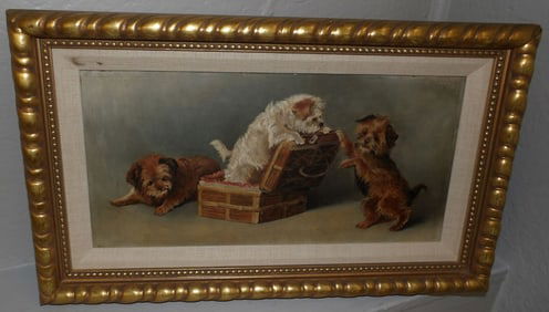 Framed Oil on Board of Terrier Puppies