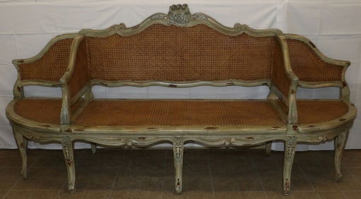 Distress Painted Carved Wood & Cane Three Seat Bench