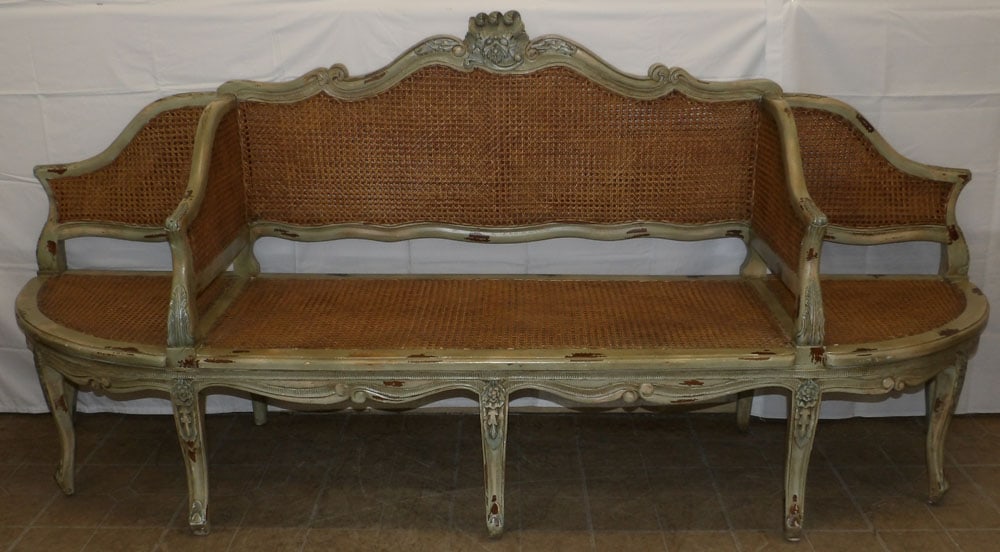 Distress Painted Carved Wood & Cane Three Seat Bench (1 of 6)