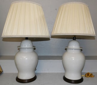 Pair of Painted Porcelain Crackleware Urns Made Into Lamps