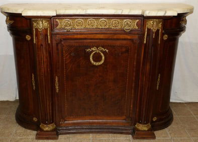 19th Century Burl Walnut Three Door Console with Bronze Accents & Restored Marble Top