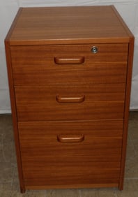 Mid Century Modern Teak Wood Veneer Three Drawer Filing Cabinet