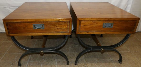 Pair of Teak Wood & Painted Metal One Drawer End Tables by Lane