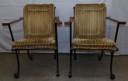 Pair of Mid Century Modern Wrought Iron & Leather Strap Arm Chairs by Woodard