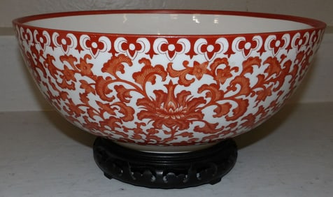 Large Oriental Painted Bowl on Teak Wood Stand