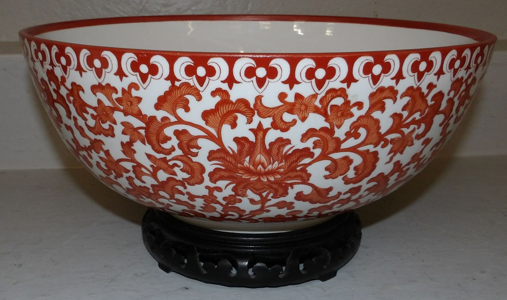 Large Oriental Painted Bowl on Teak Wood Stand (1 of 3)