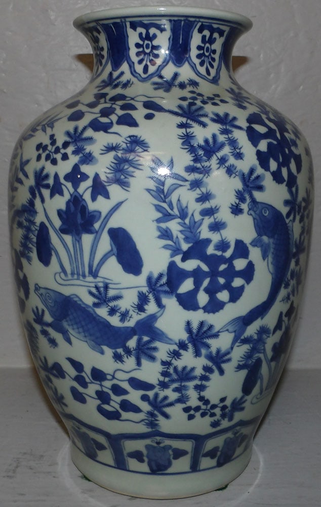Blue & White Oriental Porcelain Vase with Koi Motif (1 of 4)