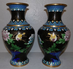 Pair of Oriental Cloisonne Vases with Bird Motif