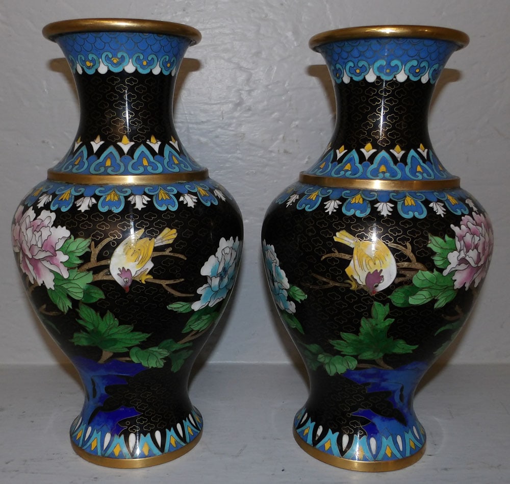 Pair of Oriental Cloisonne Vases with Bird Motif (1 of 4)