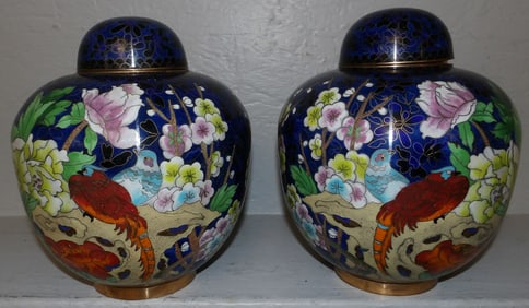 Pair of Oriental Cloisonne Ginger Jars with Bird Motif