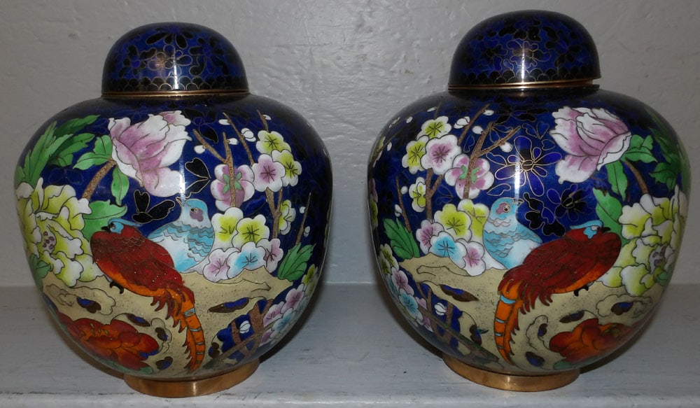 Pair of Oriental Cloisonne Ginger Jars with Bird Motif (1 of 6)