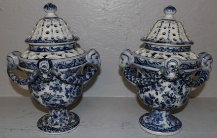 Pair of Oriental Blue & White Open Work Covered Urns with Ram's Head Motif