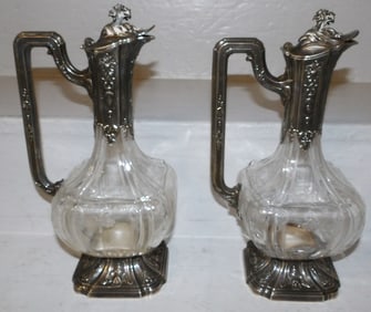 Pair of Etched Glass & Silver Claret Jugs