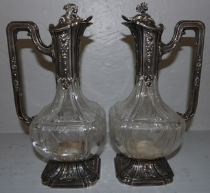Pair of Etched Glass & Silver Claret Jugs - one jug has crack