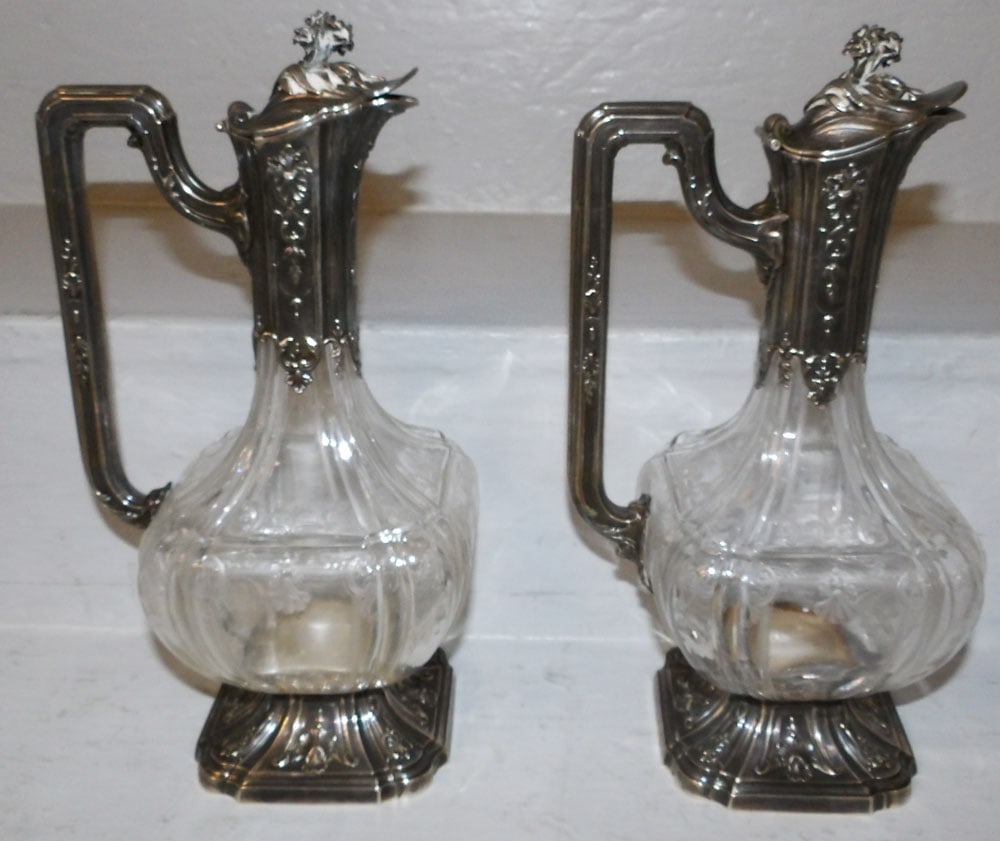 Pair of Etched Glass & Silver Claret Jugs - one jug has crack (1 of 12)
