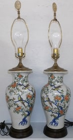 Pair of Oriental Crackleware Porcelain Vases Made Into Lamps with Bird Motif, (One with Restoration)