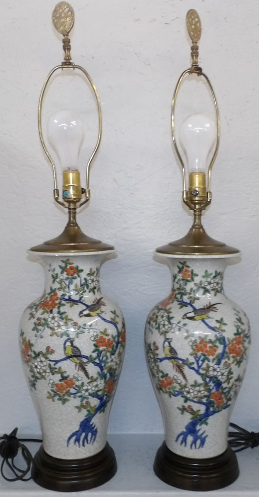 Pair of Oriental Crackleware Porcelain Vases Made Into Lamps with Bird Motif, (One with Restoration) (1 of 5)