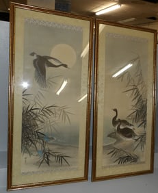 Pair of Chinese Duck Watercolors on Silk Signed with Character Marks in Gilded Faux Bamboo Frames