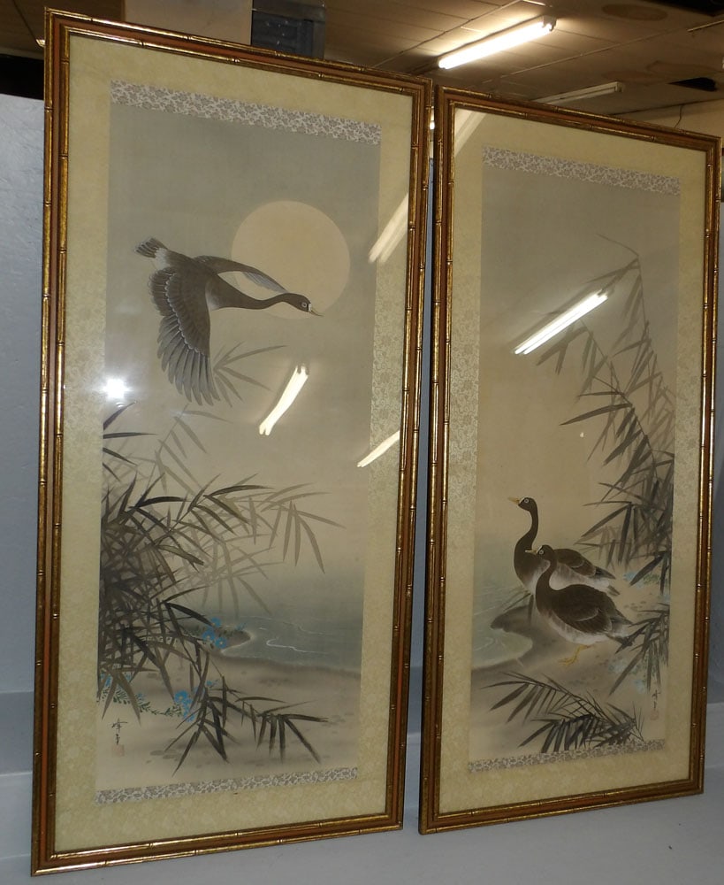 Pair of Chinese Duck Watercolors on Silk Signed with Character Marks in Gilded Faux Bamboo Frames: Pair of Chinese Duck Watercolors on Silk Signed with Character Marks in Gilded Faux Bamboo Frames. 50 1/4" X 23 1/4"