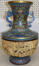 Large Oriental Cloisonne & Carved Bone Double Handle Urn