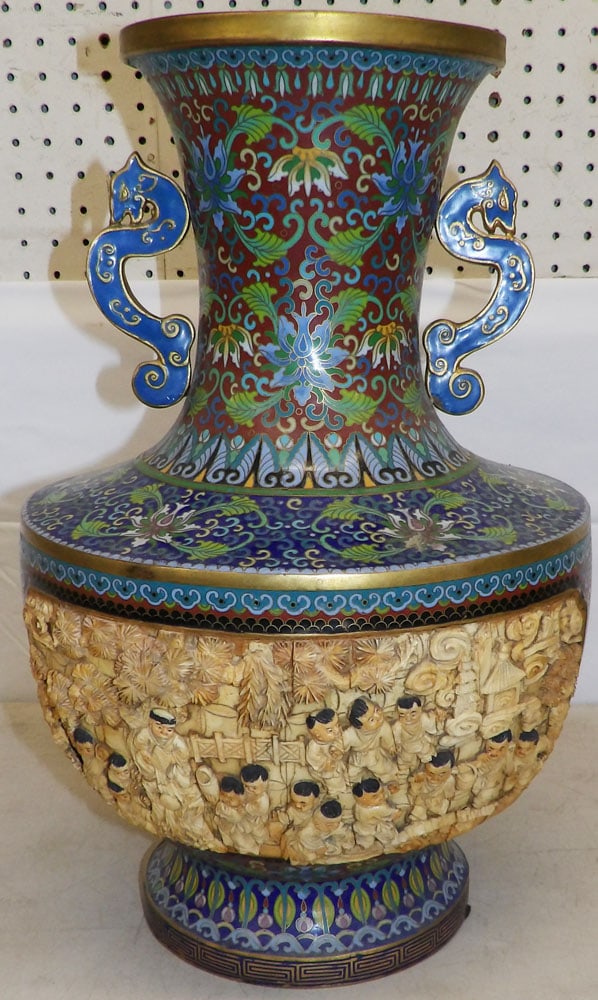 Large Oriental Cloisonne & Carved Bone Double Handle Urn: Large Oriental Cloisonne & Carved Bone Double Handle Urn. 20" H 12 1/2" Dia