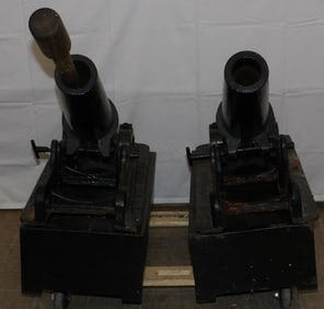 Pair of Antique Cast Iron Cannons on Wood Stands Marked New York