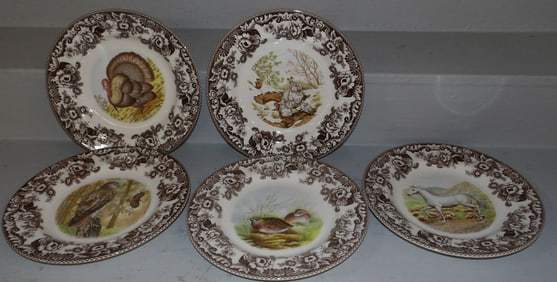 Set of Five Painted Porcelain Spode Plates of Birds & Animals