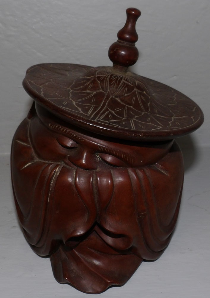 Oriental Carved Wood Crouching Man Tobacco Jar: Oriental Carved Wood Crouching Man Tobacco Jar . 6 1/2" H 6" Dia.