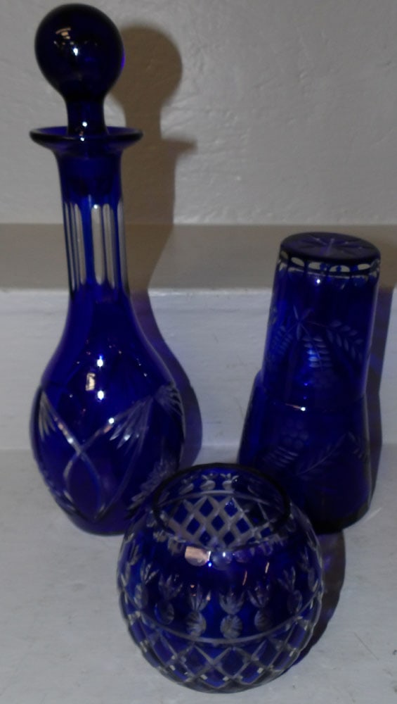 Three Cobalt Blue Cut to Clear Glass Items (1 of 8)