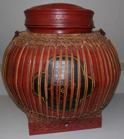 Oriental Painted Rattan Basket with Lid