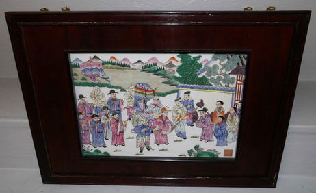 Framed Oriental Hand Painted Porcelain Tile