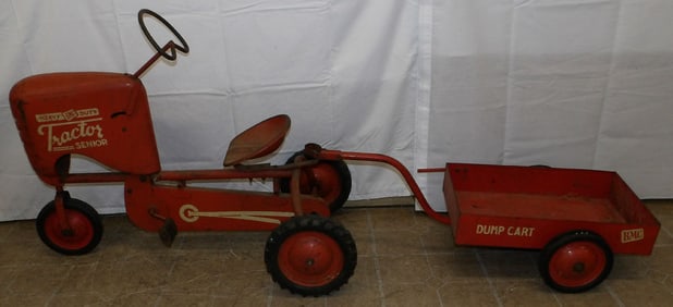 Early Vintage Painted Metal BMC Child's Pedal Tractor with Trailer