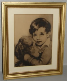 Early Vintage Framed Etching Portrait of Child with Dog Artist Signed