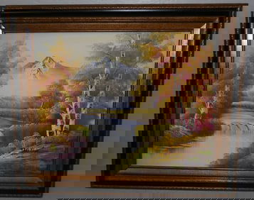 Framed Oil on Canvas of Lake & Mountain Scene Artist Signed