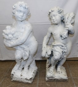 Two Painted Cast Concrete Cherub Statues