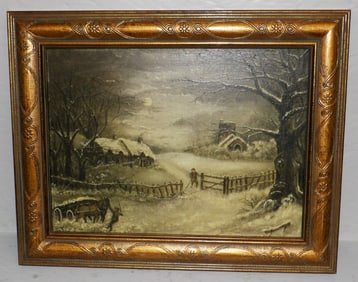 Framed Oil on Canvas Winter Scene