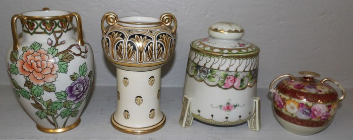 Lot of Hand Painted Nippon Porcelain Vases & Tobacco Jar