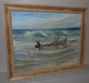 Framed Oil on Canvas Beach Scene Artist Signed in Burl Walnut Frame