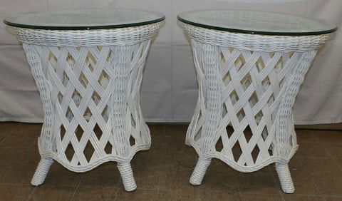 Pair of Painted Wicker Glass Top End Tables by Lane