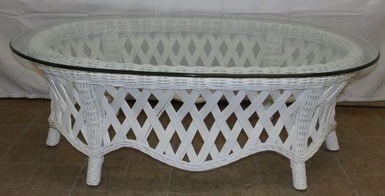 Oval Painted Wicker Glass Top Coffee Table by Lane