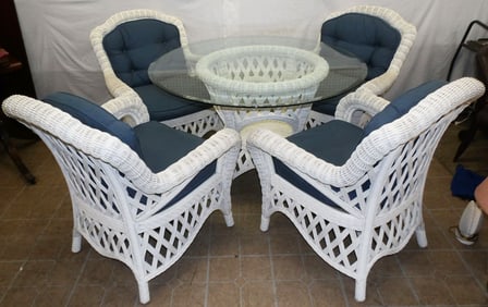 Painted Wicker Glass Top Table with Four Chairs