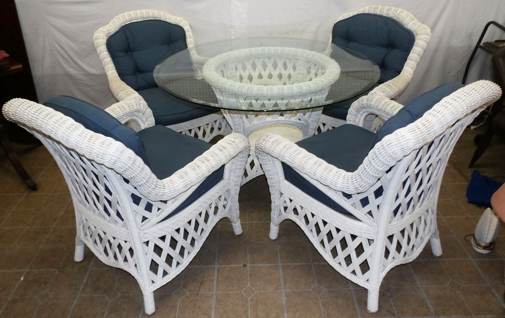 Painted Wicker Glass Top Table with Four Chairs (1 of 8)